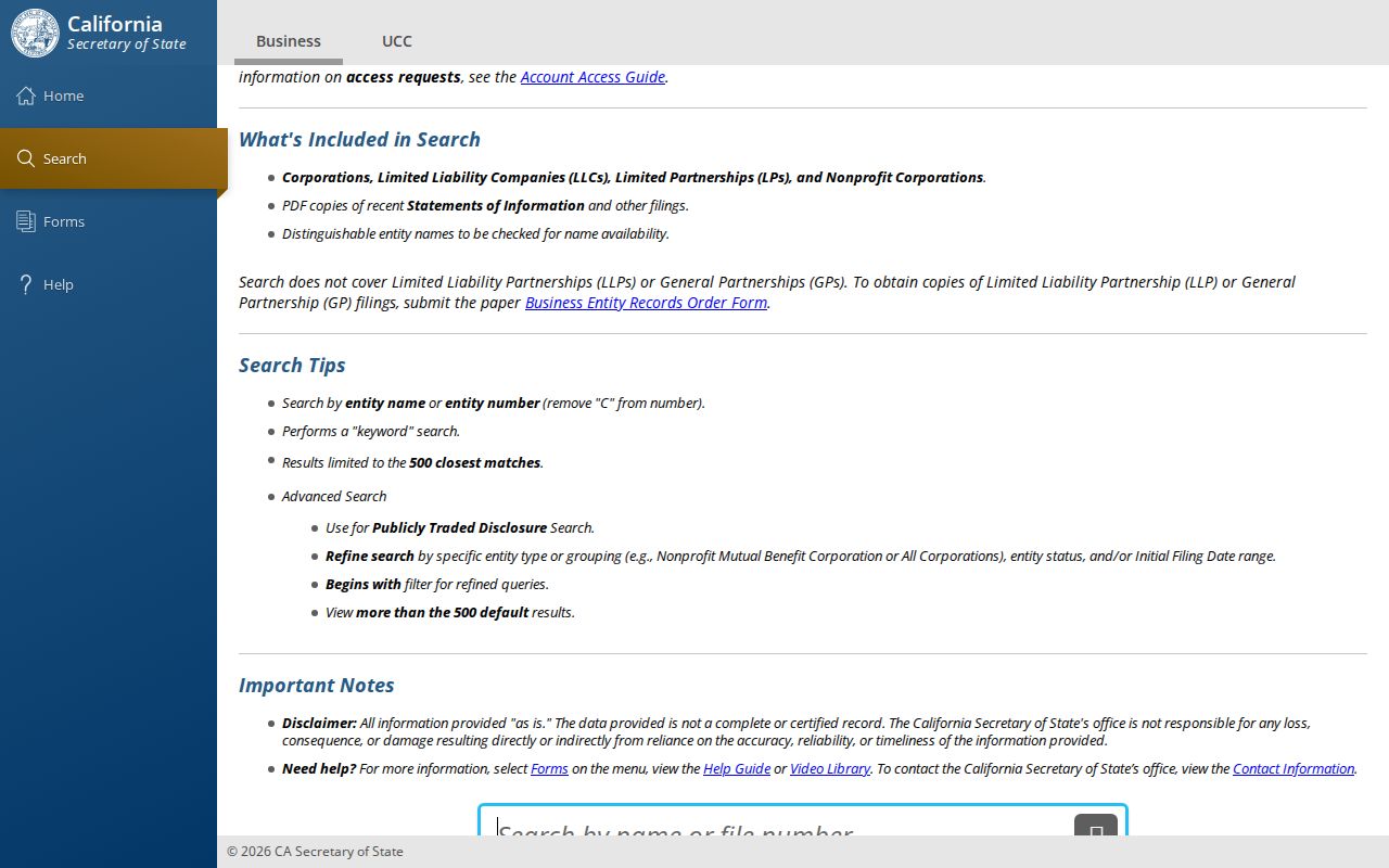 Soledad public records access through California bizfile business search